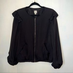 Lauren Conrad Black Zip Up Bomber Jacket With Pockets, Ruffle Shoulders, Size 16